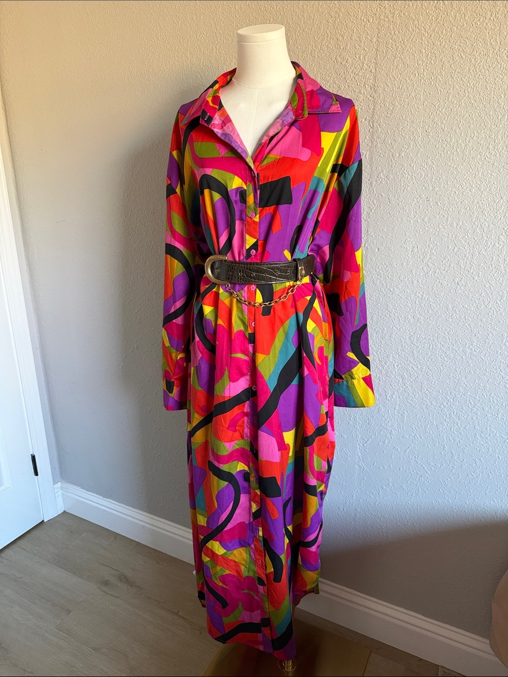 Truth Multicolor Abstract Button-Up Dress in Pink, Purple & Yellow